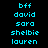 Pixelated text with cyan names on black background, three of six each, alternating pink highlight bars across the middle of each