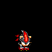 Pixel art character with black body, red accents, and yellow-green aura in multiple poses against black background.
