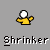 Pixelated character with white head and yellow body in multiple states including green bubble, red splatter, and size variations.