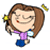 Animated cartoon character with brown hair and yellow flower accessory, wearing purple top and blue shorts, smiling with closed eyes while holding a white object.