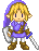 Pixel art character with blonde hair and purple hooded cloak holding two swords, standing against gray background.