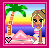Animated contact sheet showing a cartoon character on a beach with palm trees, ocean, and sunset background across multiple frames with text overlays in pink tones.