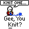 Animated contact sheet of a pixel art character knitting with blue yarn, displaying frame-by-frame changes in speech bubbles and hand positions across 10 sampled frames arranged in a 4x3 grid on gray background.