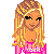 Pixel art contact sheet of a 3x3 grid showing animated frames from an AIM buddy icon featuring a doll character with pink and white clothing, hearts, and text elements.