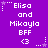 Purple background with white pixelated text reading "Elisa and Mikayla BFF <3" repeated in a , each instance accompanied by a small white star and dotted line animation element