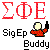 Red Greek letters ΣΦΕ above black text 'Sig Ep' and 'Buddy' with a pixelated character holding a bottle on a gray background.