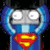 Pixelated character with large white eyes, blue cape and torso, red chest emblem with yellow 'S' symbol on dark background.