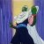 Pixelated figure with green hair, yellow background, and blue vertical stripes on left side.