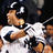 Pixelated image of a baseball player in white uniform swinging bat, red background with text 'That Ball is deep and it is GONE!!!!'