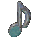 Animated sequence of a musical note icon rotating through multiple angles with metallic and teal coloration.