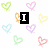 Pixelated heart shapes in pastel colors surround black text blocks reading I, LOVE, and TRACK on a white background.
