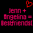 Pixelated red text on black background reads 'Jenn + Angelina = Bestfriends[', with a red heart symbol above the text.