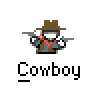 Two identical pixel art cowboy icons with red text 'badass buddy .com' on a gray background, each labeled 'Cowboy' below the icon.