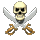 A 3D-rendered skull with crossed swords in various poses, showing head rotation and sword positioning changes across frames.