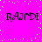 Pixelated text 'RAJDI' repeated four times on a bright pink background with scattered white dots, no visible animation changes.