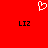 Red background with white pixelated heart symbol above two black 'LIZ' text blocks.