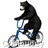 A 4-frame animated contact sheet showing a black bear riding a blue bicycle with white wheels, each frame depicting sequential motion across the cycle of pedaling and steering.