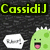 Green pixelated text 'CassidiJ ROX' above a green dinosaur with spots and pink tongue, next to a white speech bubble on dark background.