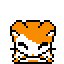 Pixel art hamster with orange and white fur, black eyes, and a small nose in three distinct poses against gray background.