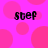 A static image with a bright pink background featuring overlapping lighter pink circles, with four instances of the text 'step' in black pixelated font.