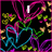 Animated icon with black background, colorful heart shapes in pink, blue, green, and purple, small yellow-green flowers, and changing text elements.