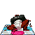 Pixel art contact sheet showing six frames of an animated character with black hair and brown arms performing a sequence of movements against a gray background.