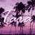 Pixelated image of palm trees against a purple and pink gradient sky with white lightning bolts.