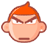 Pixelated cartoon head with orange hair showing three sequential expressions: neutral mouth, open mouth, and shouting mouth with visible teeth and tongue.