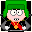 Pixelated cartoon character with green hair and glasses in two distinct poses, one showing a red-and-yellow scarf and the other covering mouth with hand.