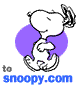 Animated Snoopy character in four poses against purple circular background with blue text 'snoopy.com' below.