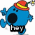 Blue cartoon character with red-yellow hat and black mouth, displaying text 'hey', 'you', and 'shut up'