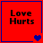 Red square with blue border displays 'Love Hurts' text and heart symbols; four variations show heart count changes from one to three.