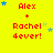Yellow background with red text 'Alex + Rachel 4ever!' and blue/green star animations in a of repeated icons