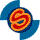 A circular icon with a red and orange spiral center, surrounded by a dark blue ring and a light blue outer ring, displayed in three different orientations.