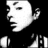 Black-and-white pixelated profile of a person with dark hair, visible ear, and sleeveless top, shown in two side-by-side views with slight facial angle differences.