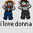 Pixel art character with brown curly hair, red mouth, and gray jacket in various poses with blue or black pants, below repeated text "ilovedonna".