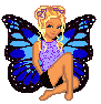 Pixelated cartoon figure with blonde hair tied with purple bow, blue eyes, purple sleeveless top, black shorts, and butterfly wings in blue, pink, or purple hues.