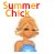 Pixelated image of a blonde woman in a blue top with 'Summer Check' text above her head in multicolored block letters.