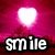 A pixelated icon with a white heart above the word 'smile' in bold white letters on a black outline, set against a pink and red gradient background.