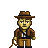 Pixel art character in brown fedora, brown jacket, white shirt, brown pants, and dark boots holding a brown whip against gray background.