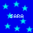 Blue background with light blue stars and repeated white text 'SARA' in pixelated font.