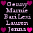 Pixelated text lists names with heart symbols on black background, showing animation changes in heart colors and positions across frames.