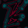 Animated pattern of teal and maroon shapes on black background with pixelated texture.