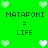 Green background with pixelated hearts and text reading "MATAPONI = LIFE" in two identical sections.