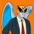 Pixelated figure with blue wings, dark suit, red tie, and yellow hair against orange background; same figure on yellow background.