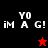 A four-quadrant displays 'YO IM A G!' text with a red star in the top-left and black star in bottom-left, alternating between black/red backgrounds