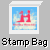 A polaroid-style frame with a blue sky background contains red pixelated text 'H' over light clouds, below which is black pixelated text reading 'Stamp Bag'.