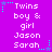 Purple background with repeated white text reading "Twins boy & girl Jason Sarah" and cyan star-shaped decorations.