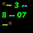 Pixelated text and symbols in green, cyan, orange, pink, and yellow on black background with gray rectangle.