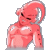Pixelated pink cartoon character with muscular build, closed eyes, and a single curved horn on head against gray background.